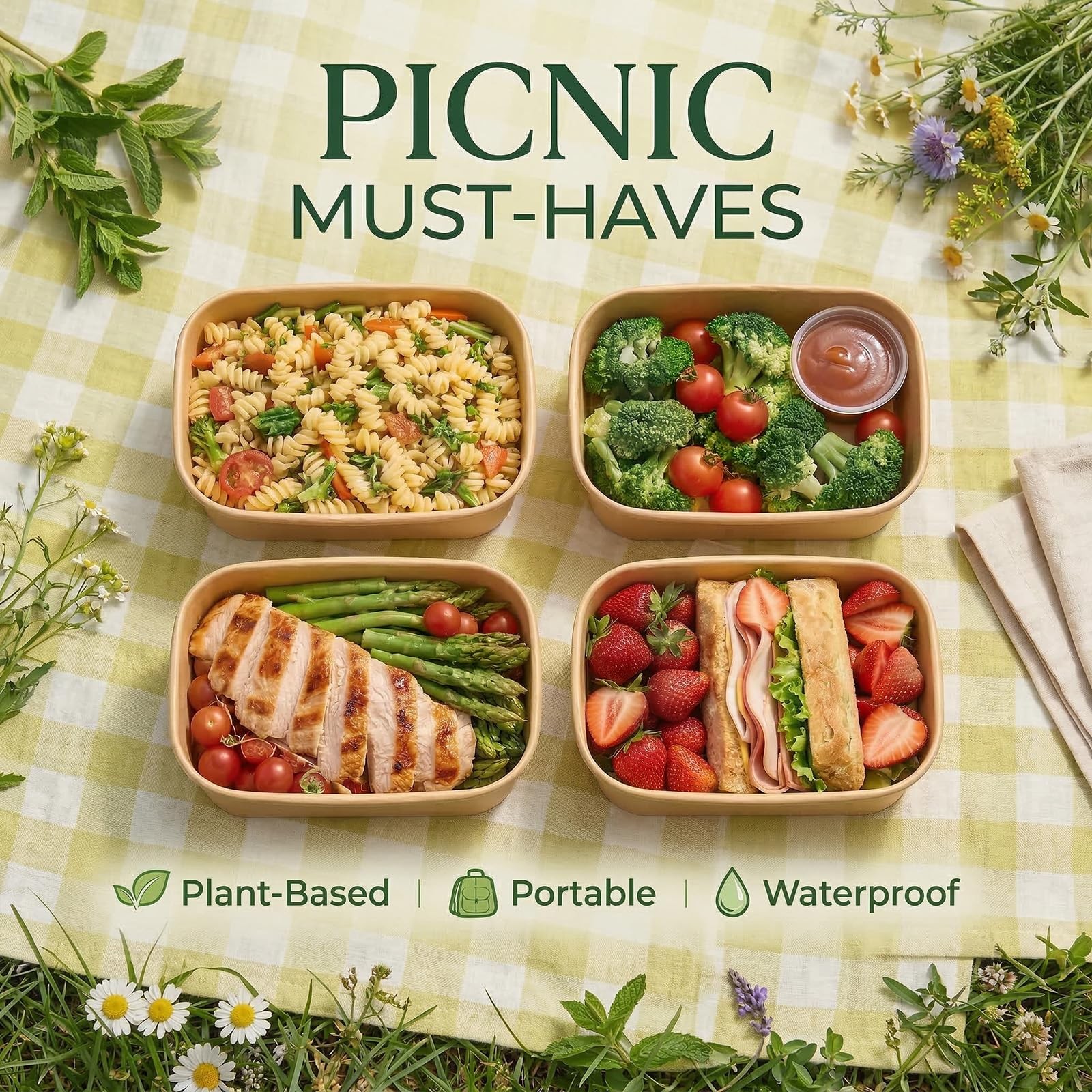 50 Pack 33 OZ Disposable Meal Prep Containers with Lids and Forks, Large Kraf…