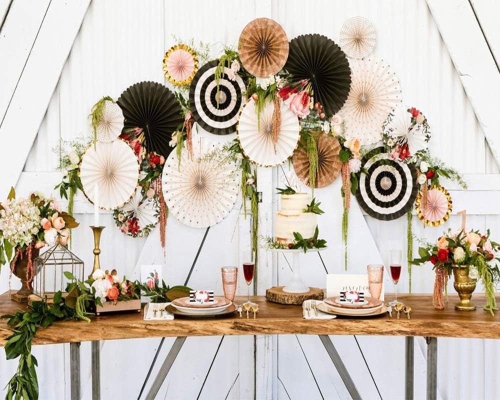 Set of 8 Elegant Hanging Paper Fans for Weddings & Celebrations – Art Deco