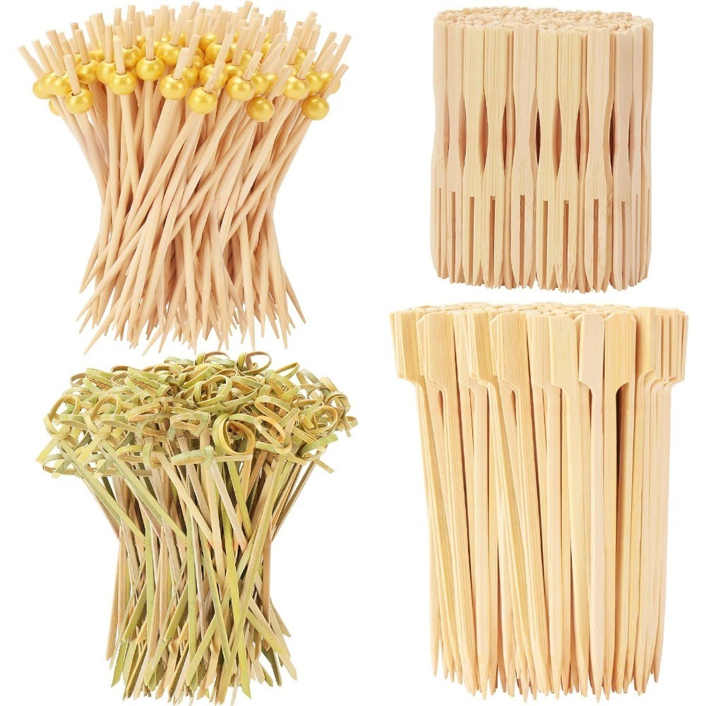 Cocktail Picks Kit 500 PCS 4 Styles Fancy Decorative Wooden Skewers Long Bamboo