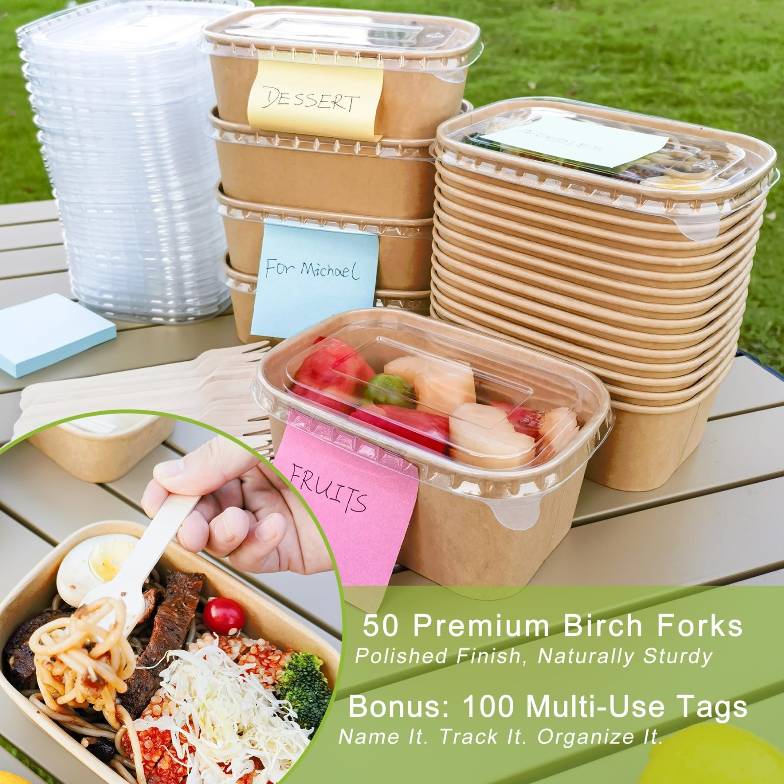 50 Disposable Paper Bowls with Lids – 35oz Meal Prep Containers, 50 Forks & 100