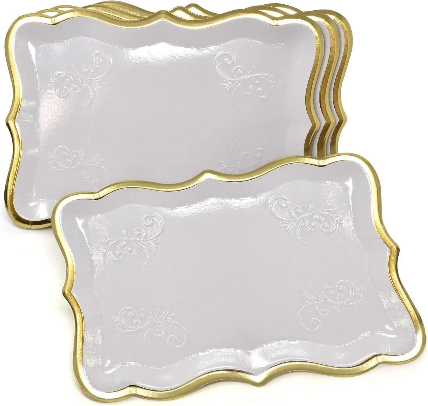 10 White Rectangle Trays with Gold Rim Border for Dessert Display Table Parti…