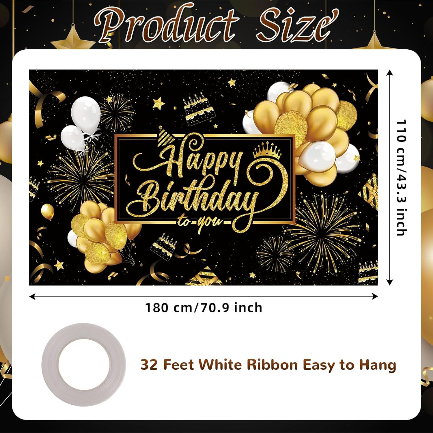 Happy Birthday Backdrop Banner, Black and Gold Birthdays Banner Backdrop, Hap…