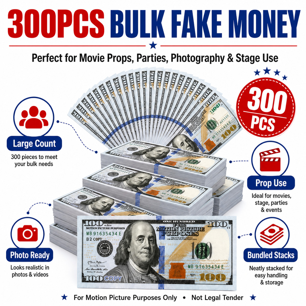 $100 Bills (300pack) Prop Replica Money for Movies, Parties, TikTok & Instagram!