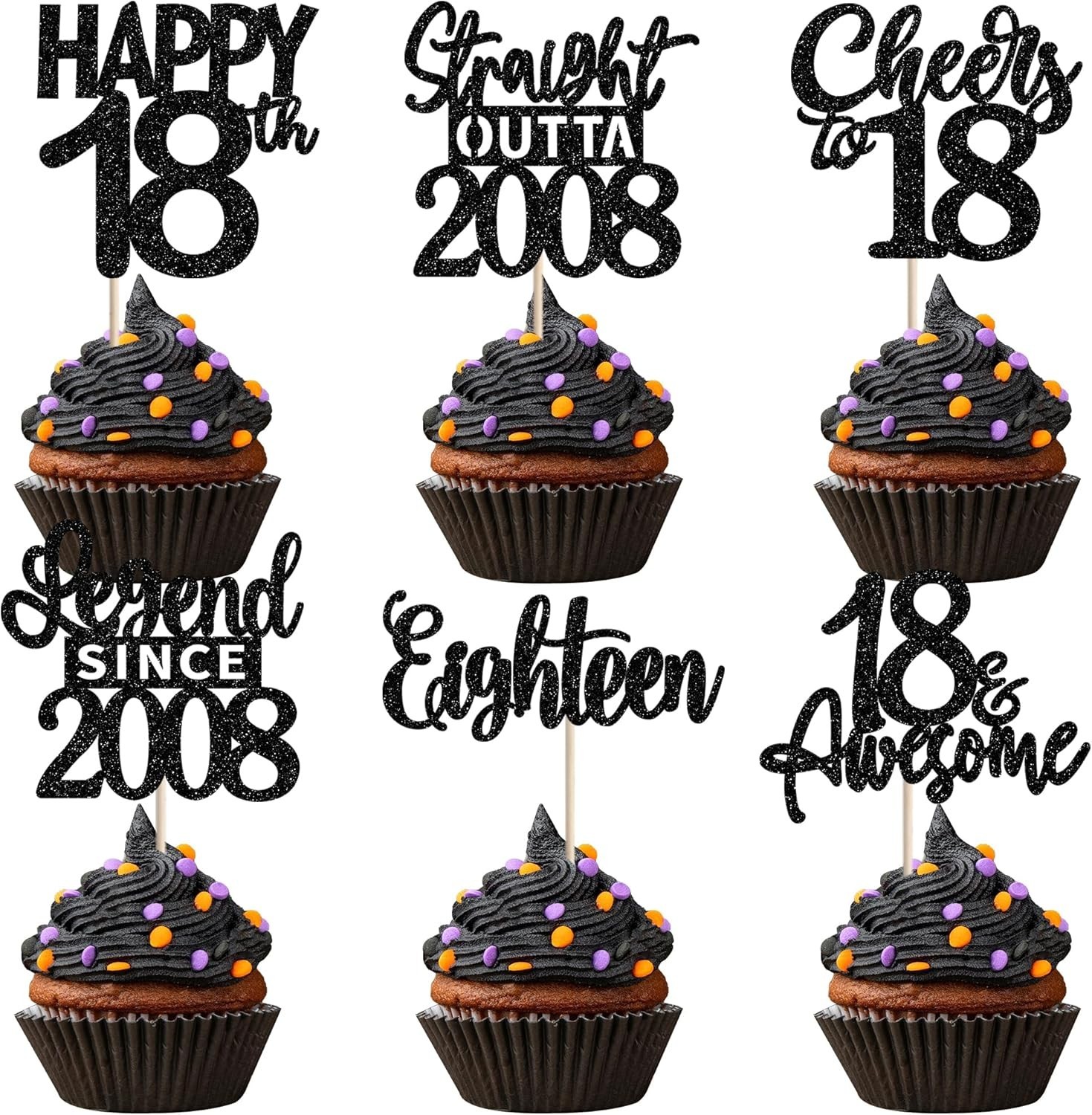 24PCS Black 18th Birthday Cupcake Toppers Eighteen Happy 18th Straight Outta …