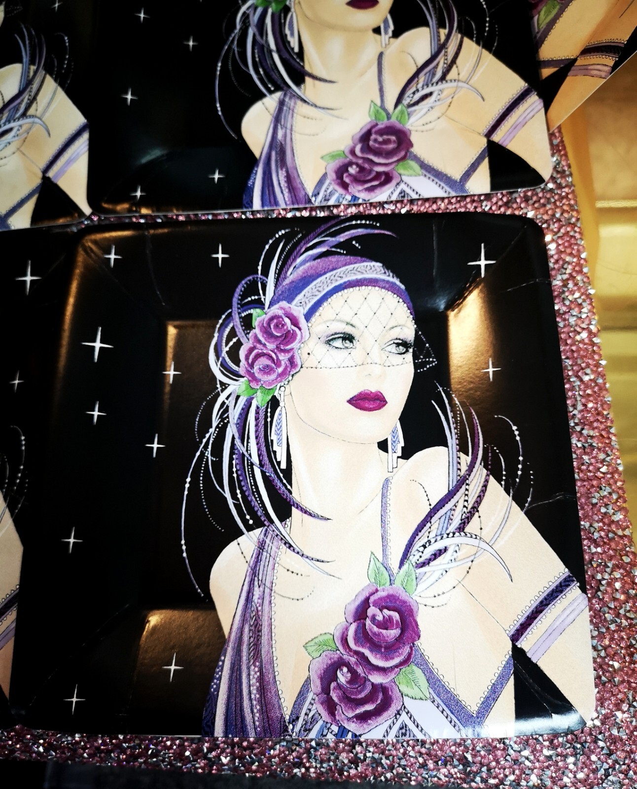 SET of 8 ART DECO LADY Party Plates CARDBOARD Shiny. 7 ” Squares. SEE PHOTOS.