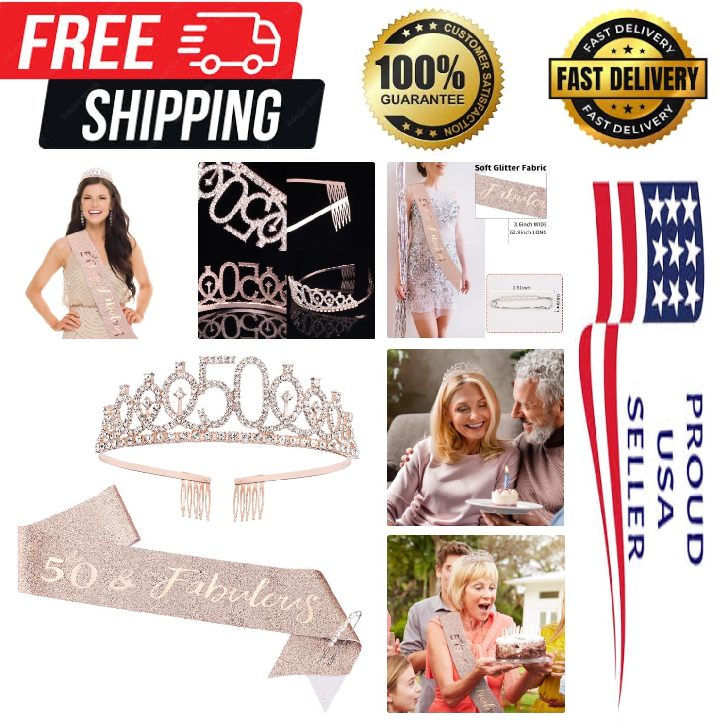 Modern 50th Birthday Sash and Adjustable Rhinestone Crown – Celebration Ready