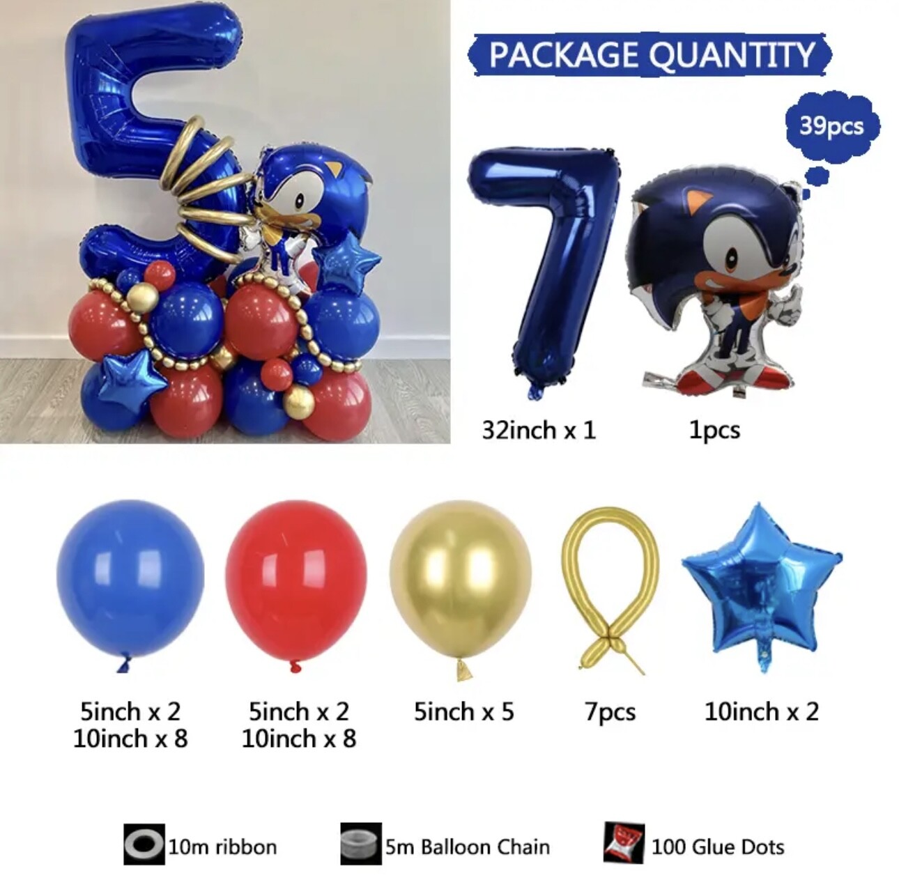 39pcs Sonic The Hedgehog Foil Number Balloons Birthday Decoration Boy Girl Sonic