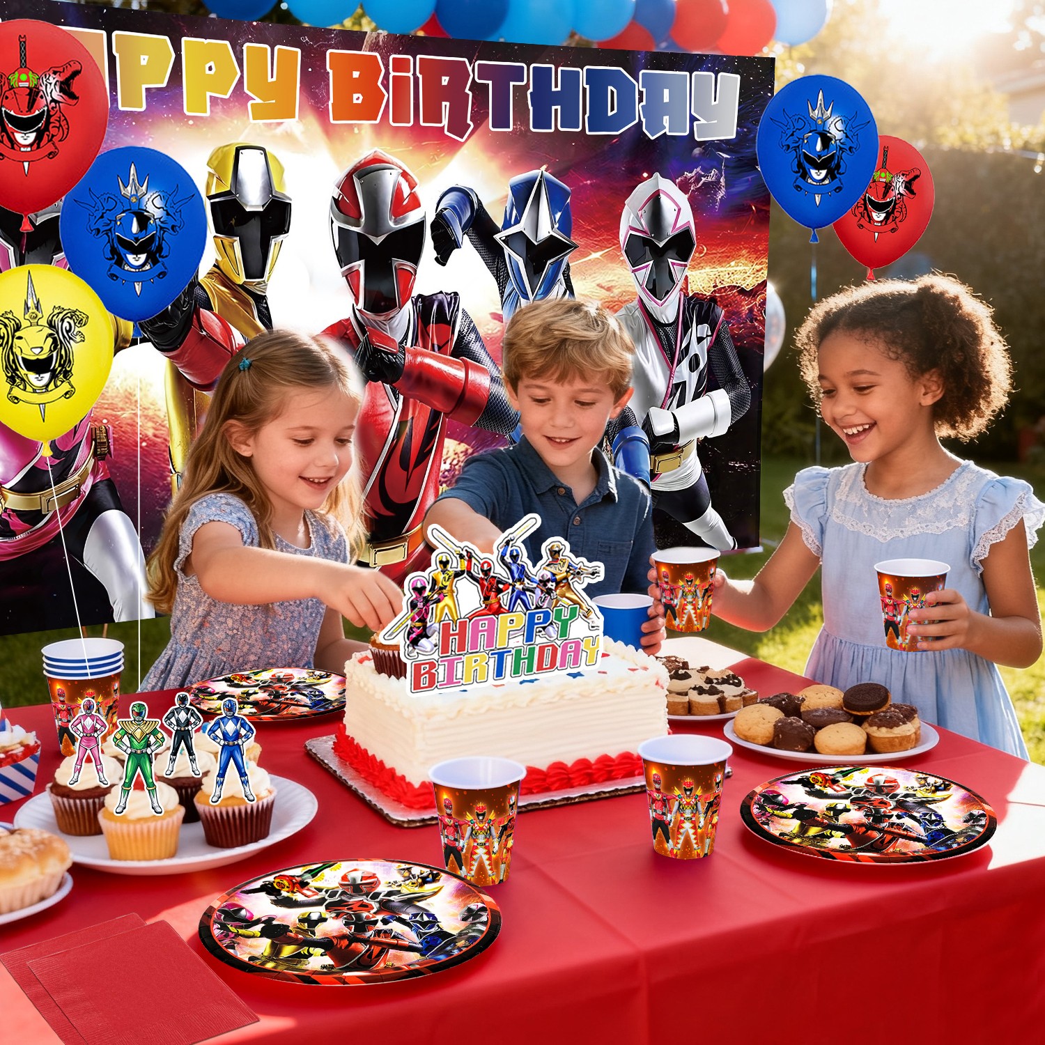 98 Pcs Power Rangers Decorations Tableware,Power Rangers Party Backdrop Banner