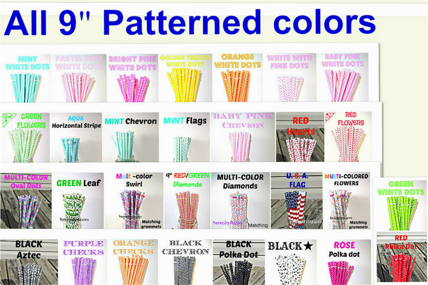 PATTERNED STRAWS, Dots, Checks, Flowers, Chevron, Fruit, Reusable, BPA Free