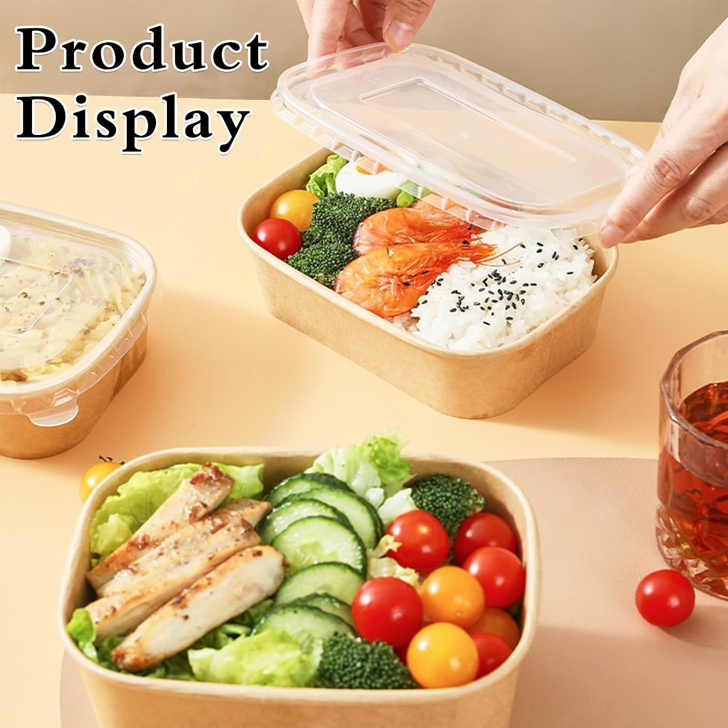 50 Pack 25Oz Kraft Paper Square Bowls, Disposable Take Out Containers with Lids