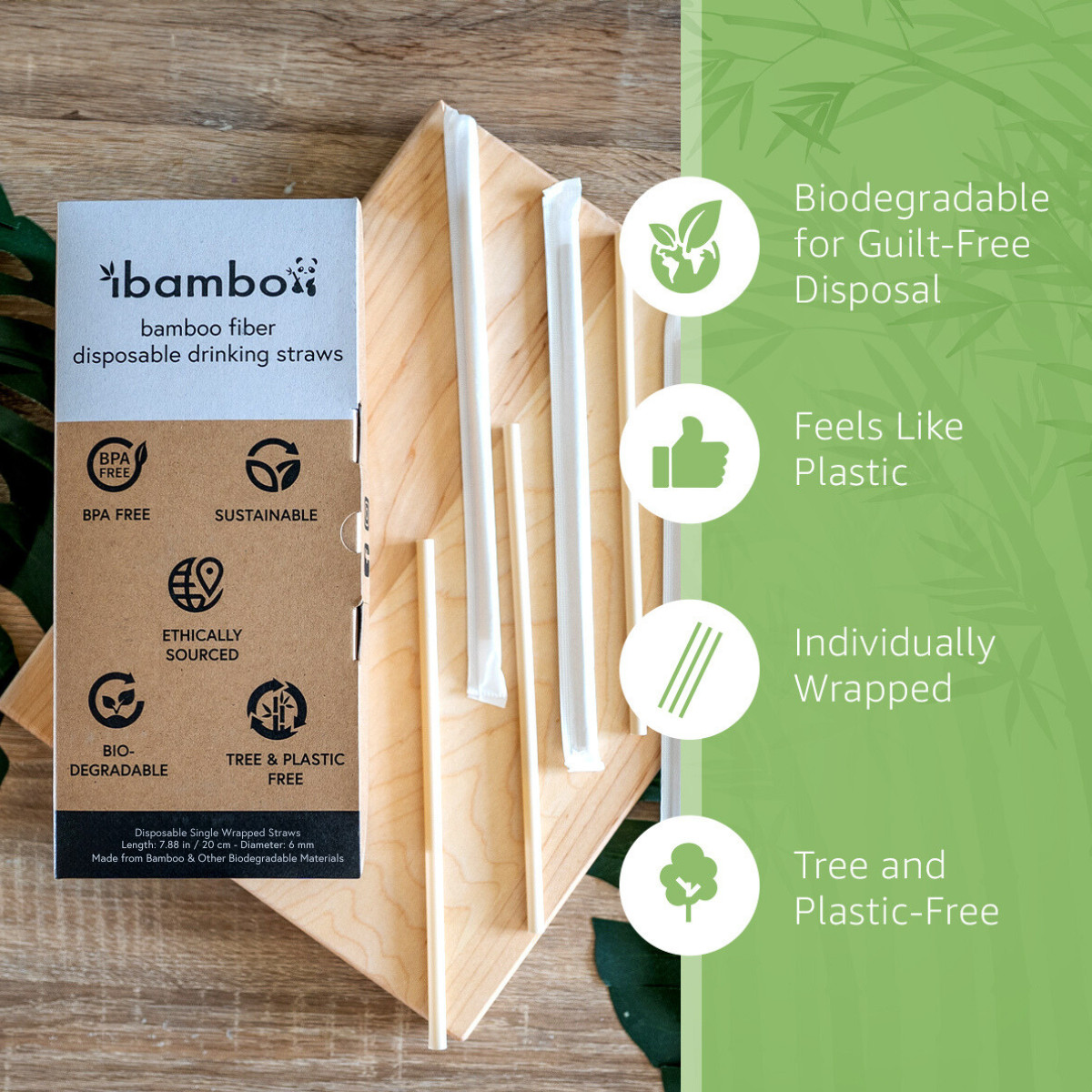 Ibambo Bamboo Disposable Straws – 250 Pack, Single Wrapped Compostable Straws