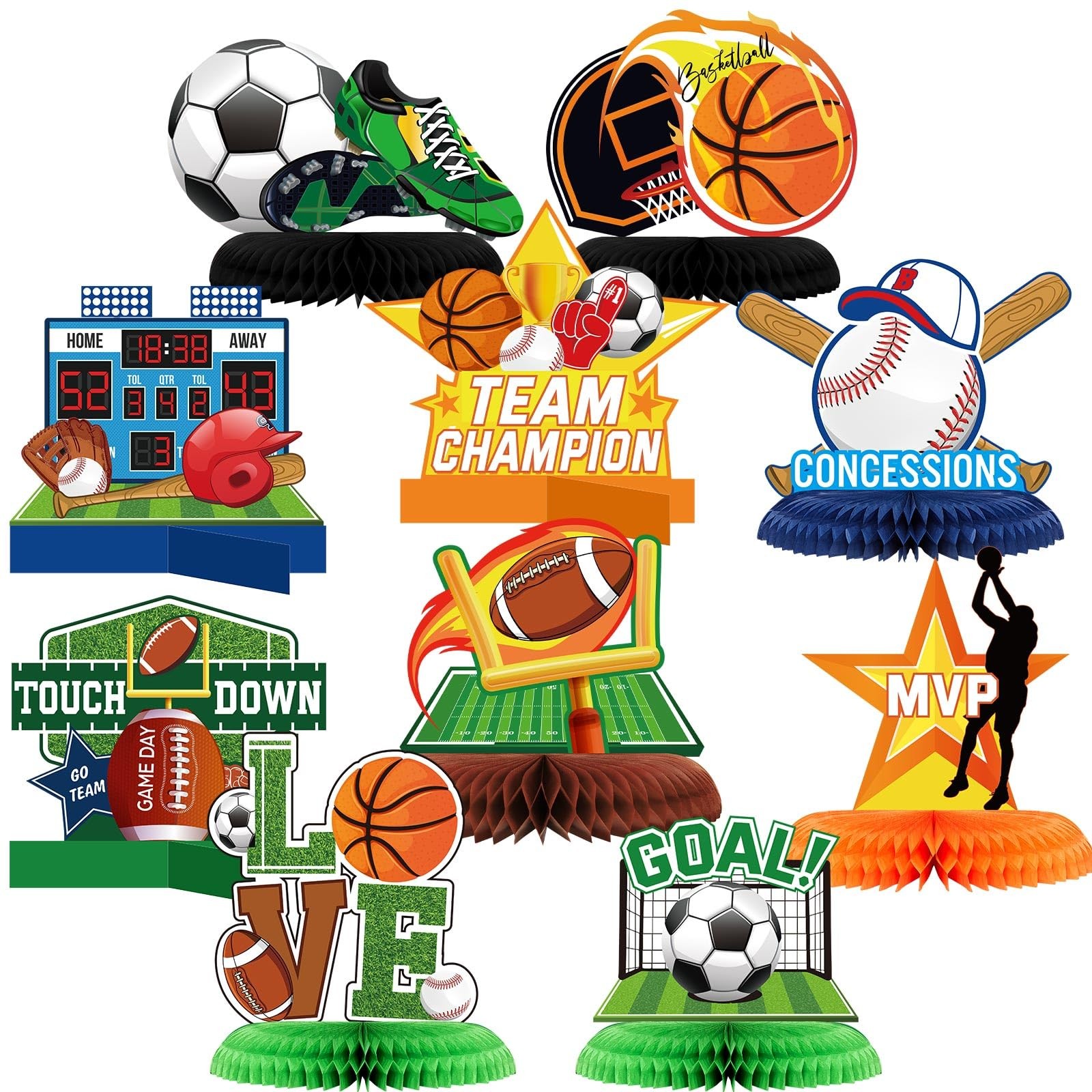 10 Pcs Sports Themed Party Decorations Sports Table Honeycomb Centerpiece Soc…