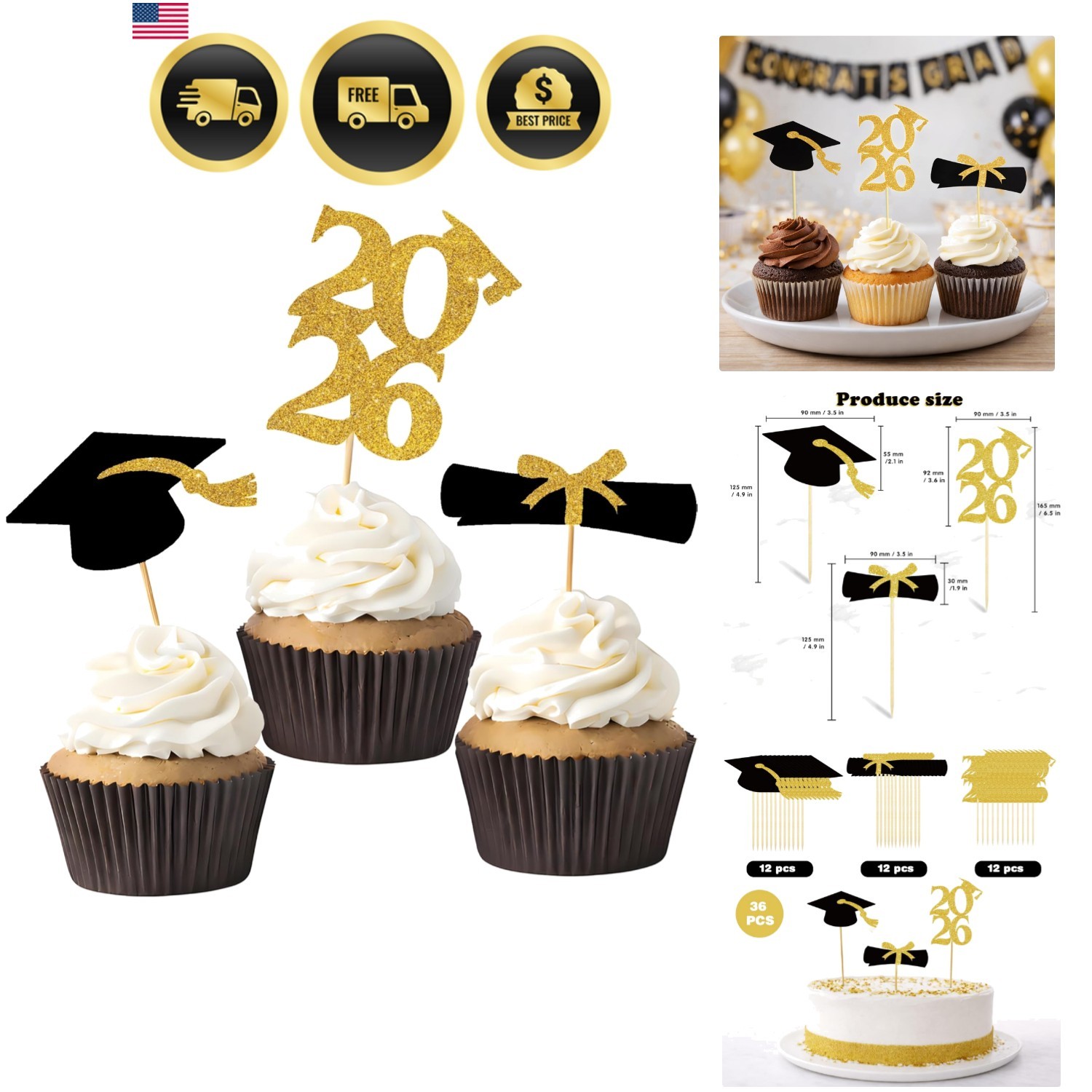 Graduation Decorations 2026-36 PCS Graduation Cupcake Toppers – 2026 Graduati…