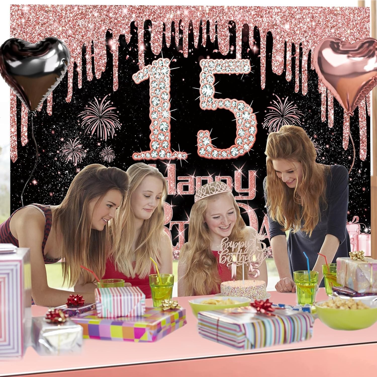 15th Birthday Decorations for Girls, 49pcs Black Rose Gold Black Banner, Tabl…