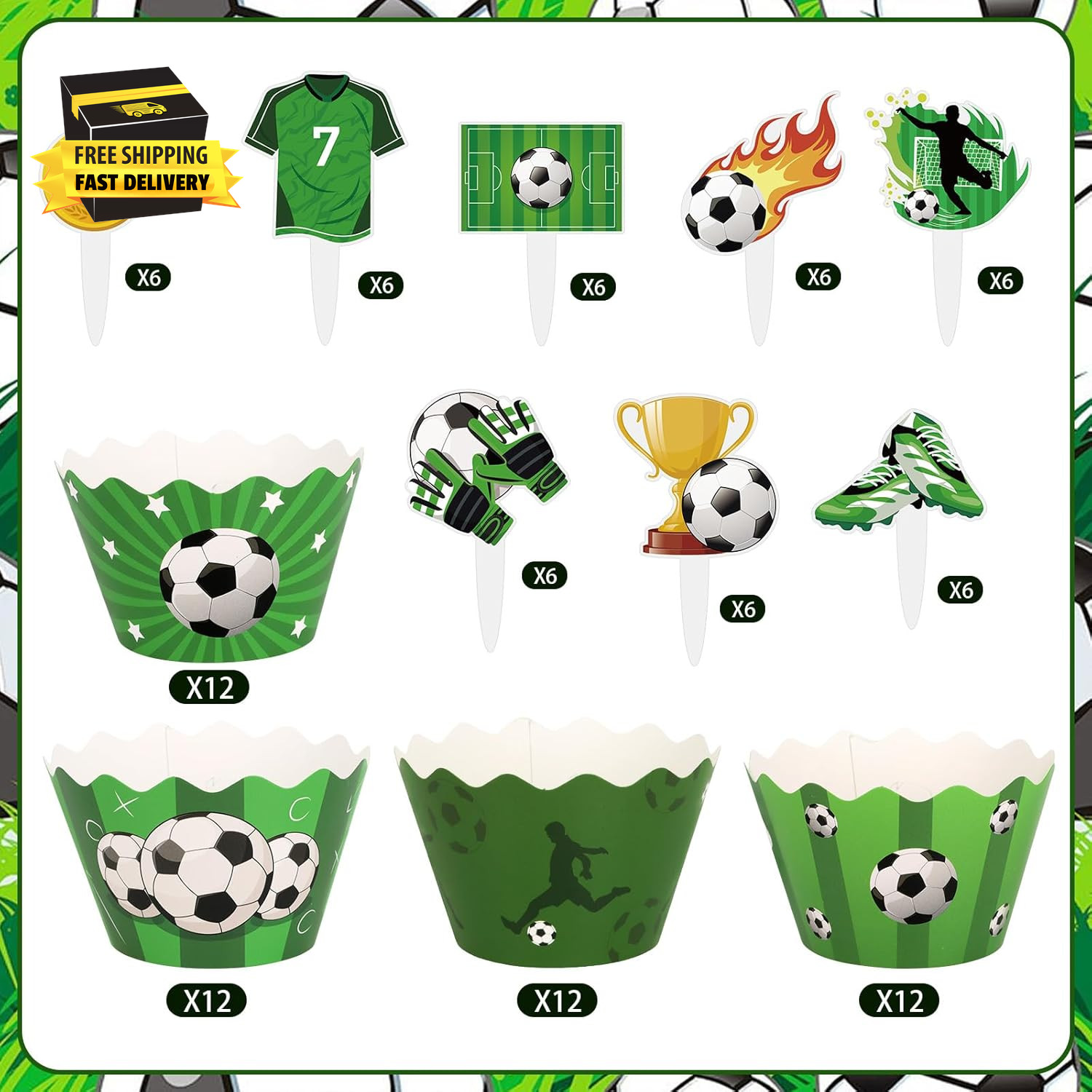 48 Pack Soccer Cupcake Toppers and Wrappers, Soccer Ball Party Cake Decoration f