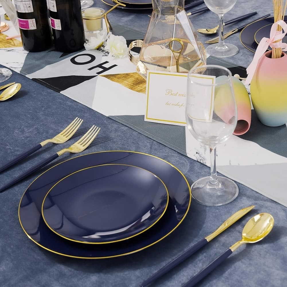 150PCS Blue Plastic Plates – Gold Plastic Silverware with Blue Handle – Navy …