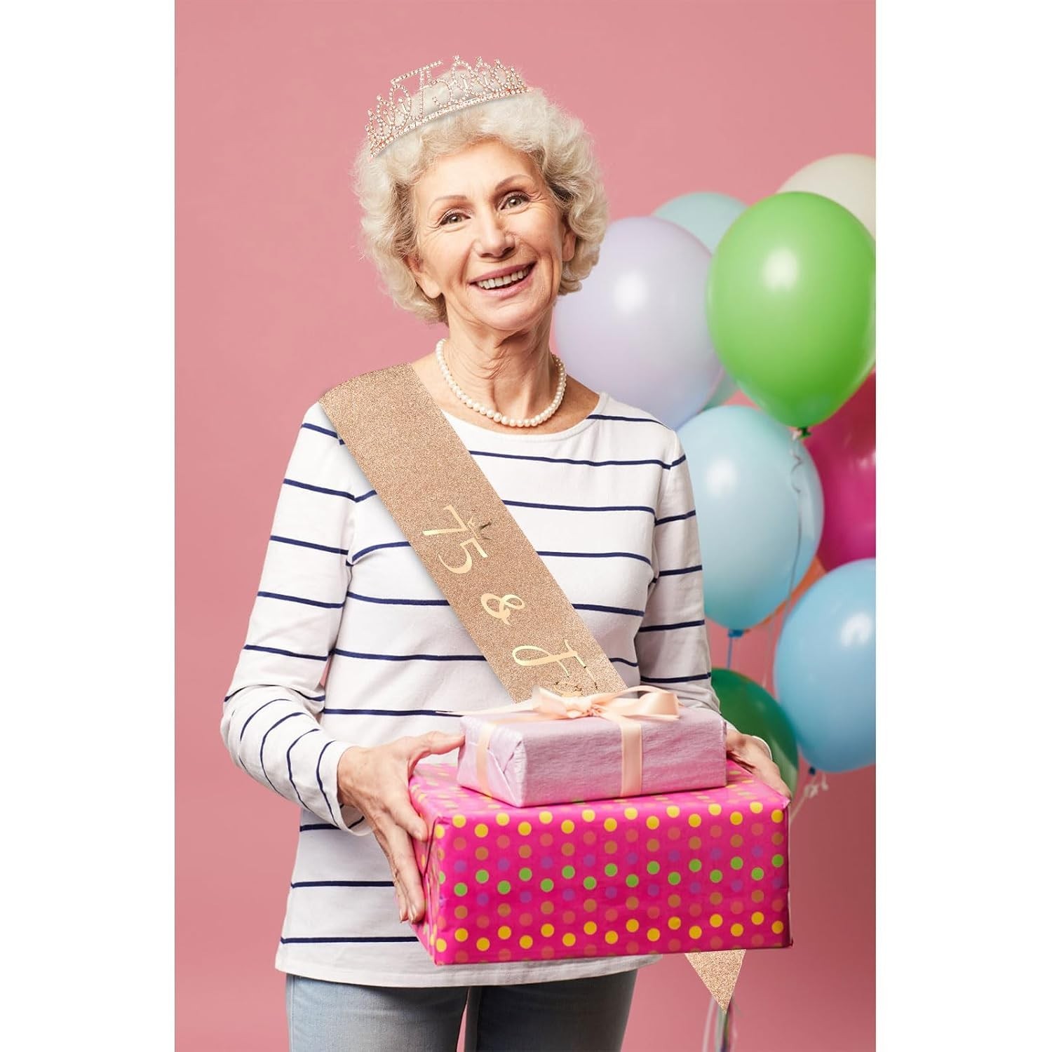 Fabulous 75th Birthday Crown and Sash Set with Elegant Pearl Pin – Gift Ready!