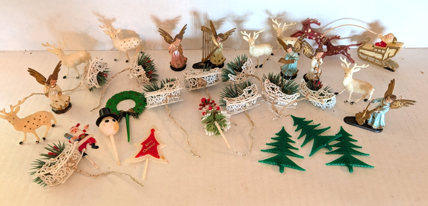 Vtg Christmas Cup Cake Picks Toppers ornaments crafting Lot angels santa deer B1