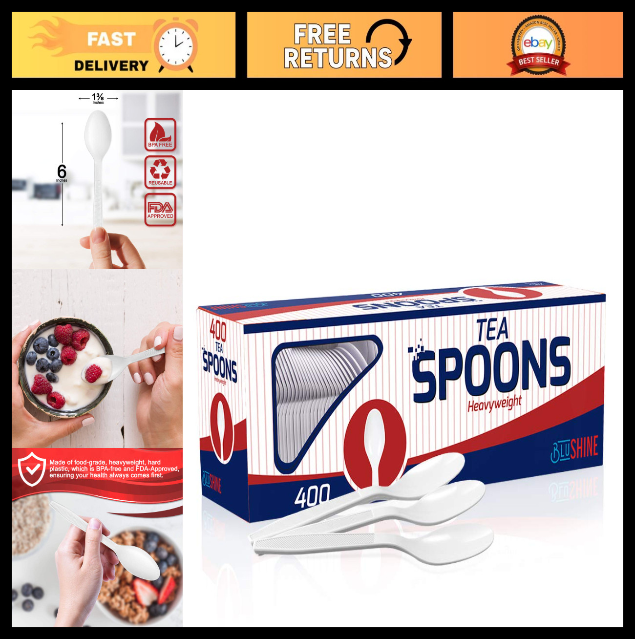 Bulk Heavy Duty Plastic Teaspoons – 400 Count, Disposable, BPA Free, Reusable, C