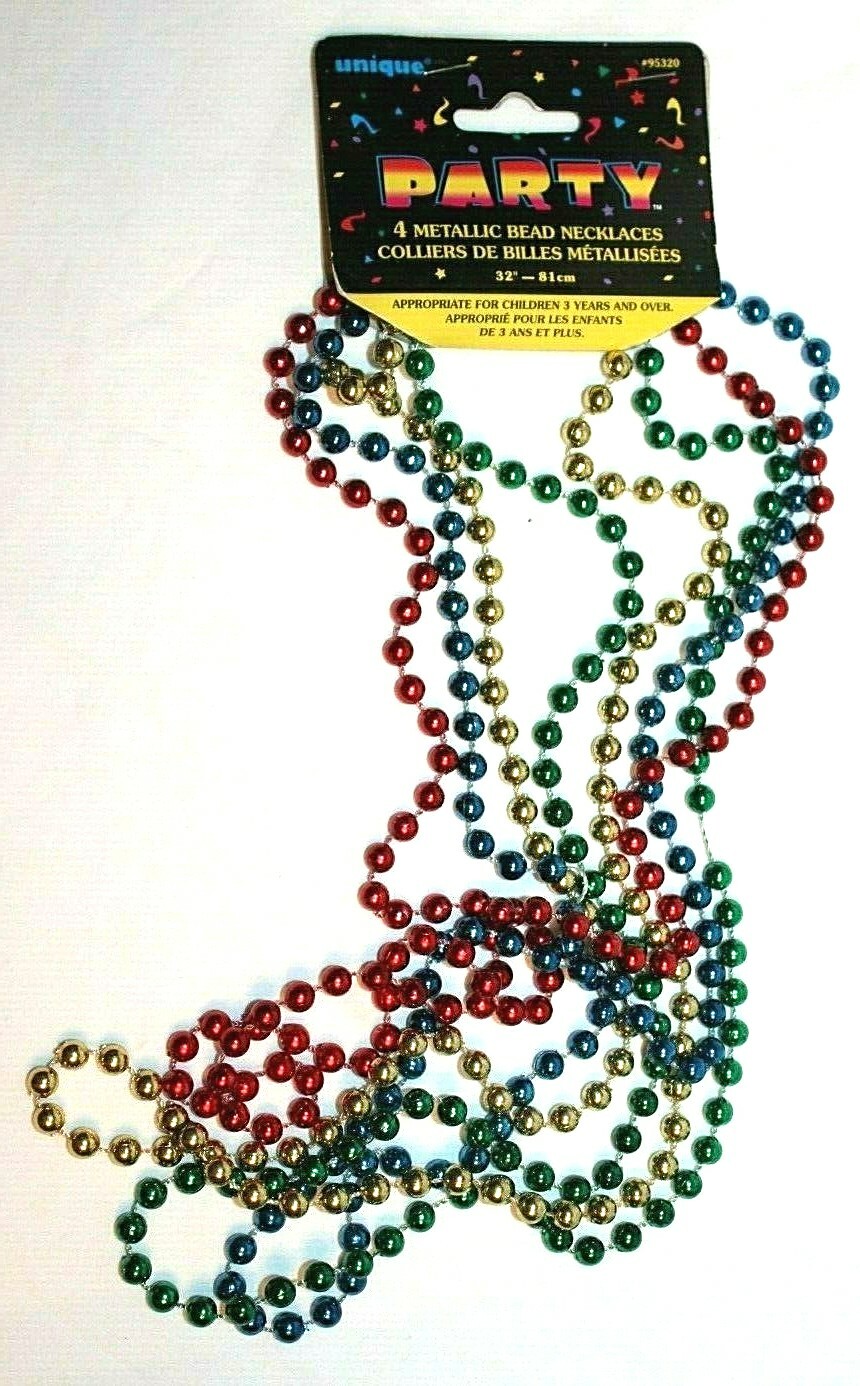 Unique Party Metallic Red/Blue/Yellow/Green Bead Necklaces 32″ 4 Pcs