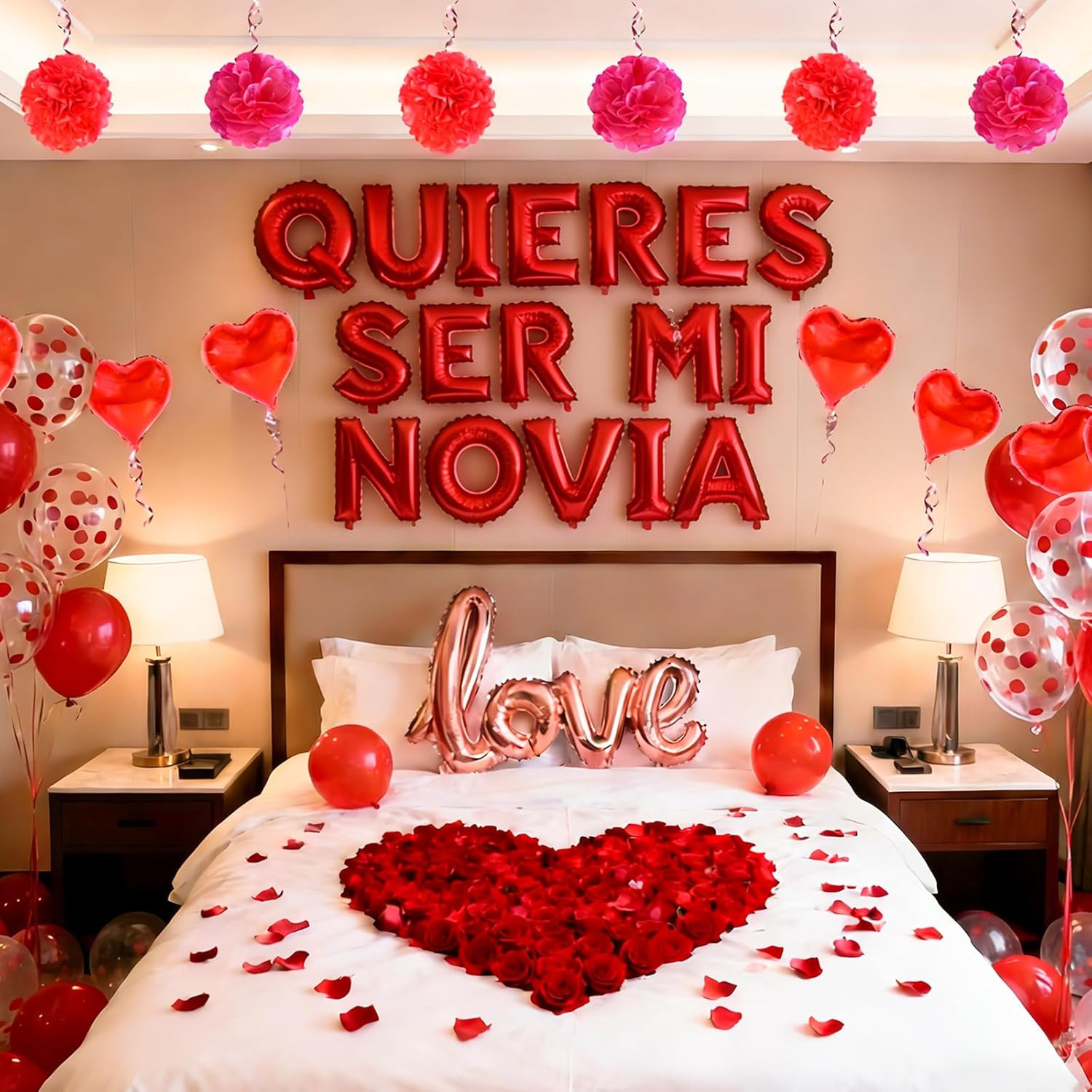 Red 16″ Quieres Ser Mi Novia Balloons Letters Set- 10Pcs Heart Balloons, LOVE