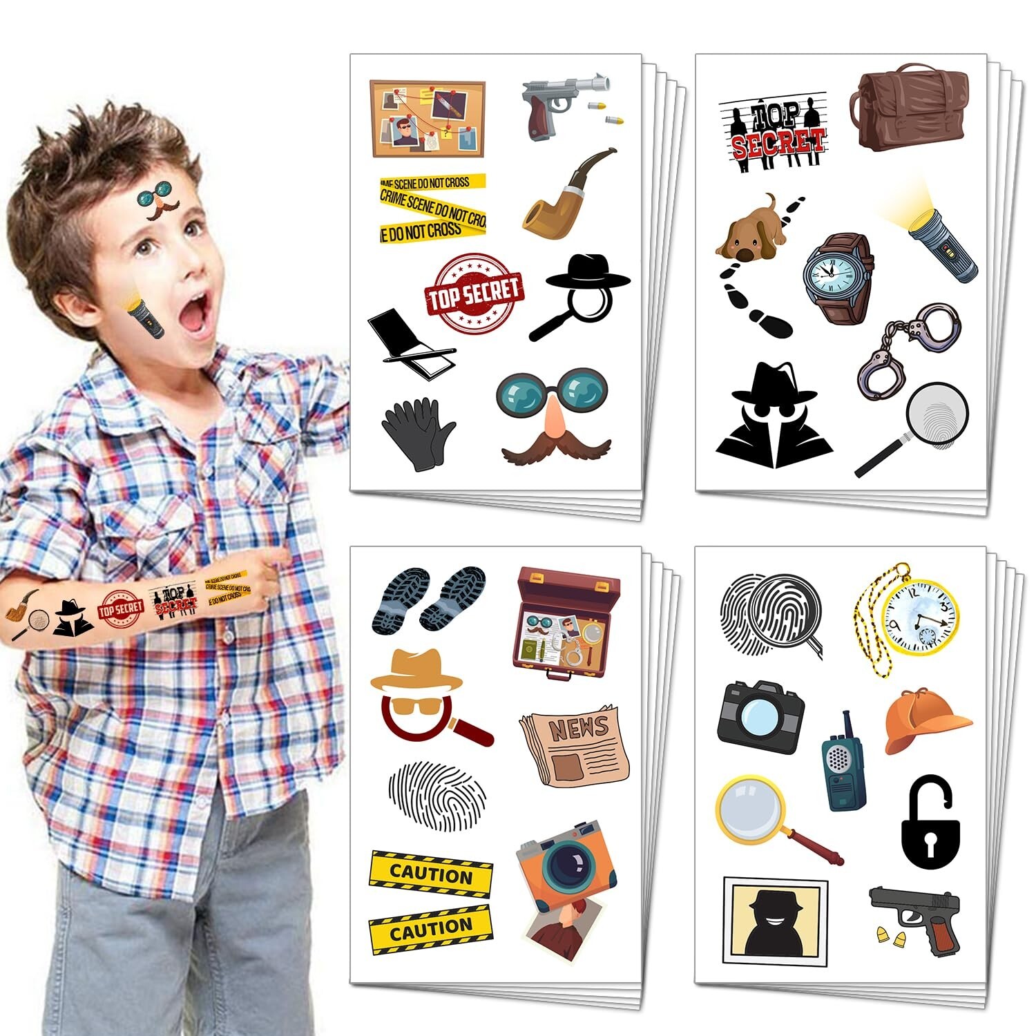 20 Sheets Secret Agent Spy Detective Temporary Tattoos, Mystery Detective Clu…