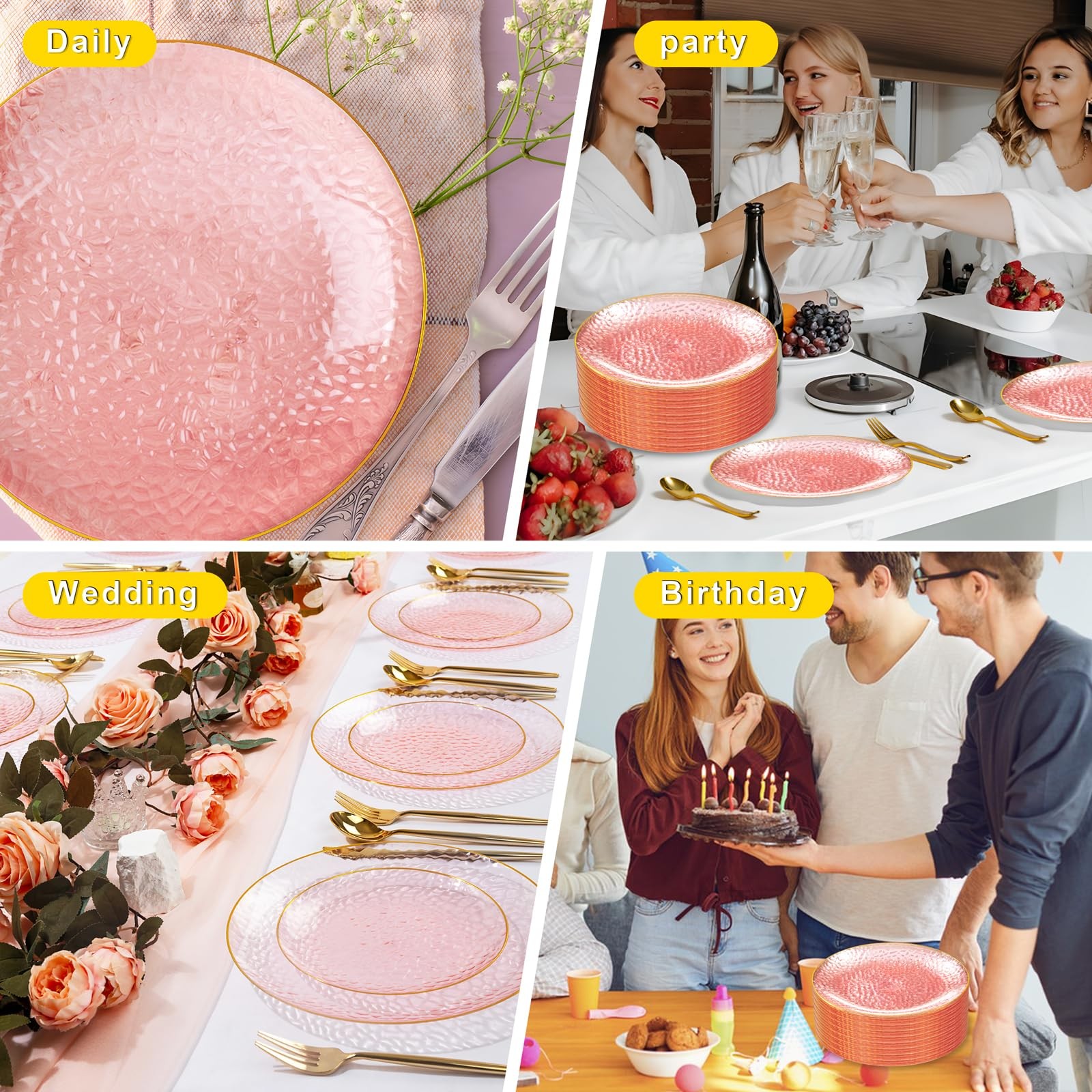 Rubtlamp 100 Pcs Pink And Gold Plastic Plates – 10 inch 100, clear pink gold