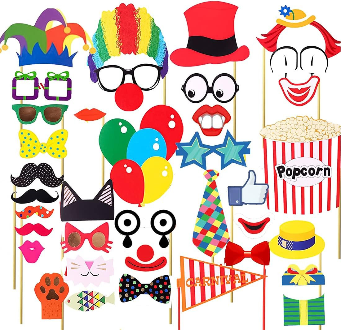 36Pcs Circus Photo Booth Props with Sticker Funny Carnival Theme Party Decoratio