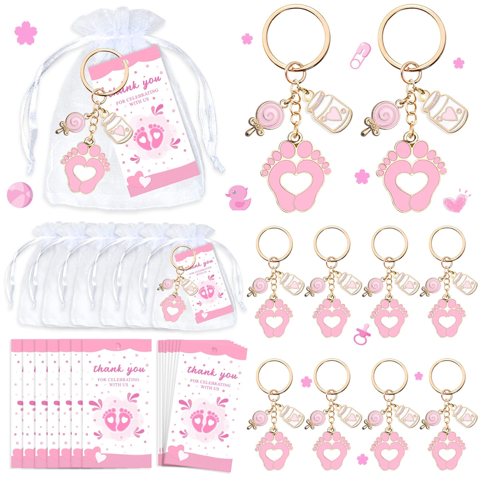 12 Sets Baby Shower Favors for Boy Girl Footprint Keychain Gifts Party Supplies