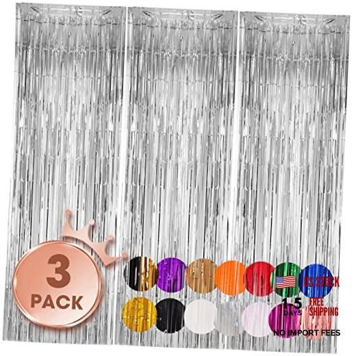 3 Pack 3.3×8.2 Feet Silver Foil Fringe Backdrop Curtains, Tinsel 07 Silver