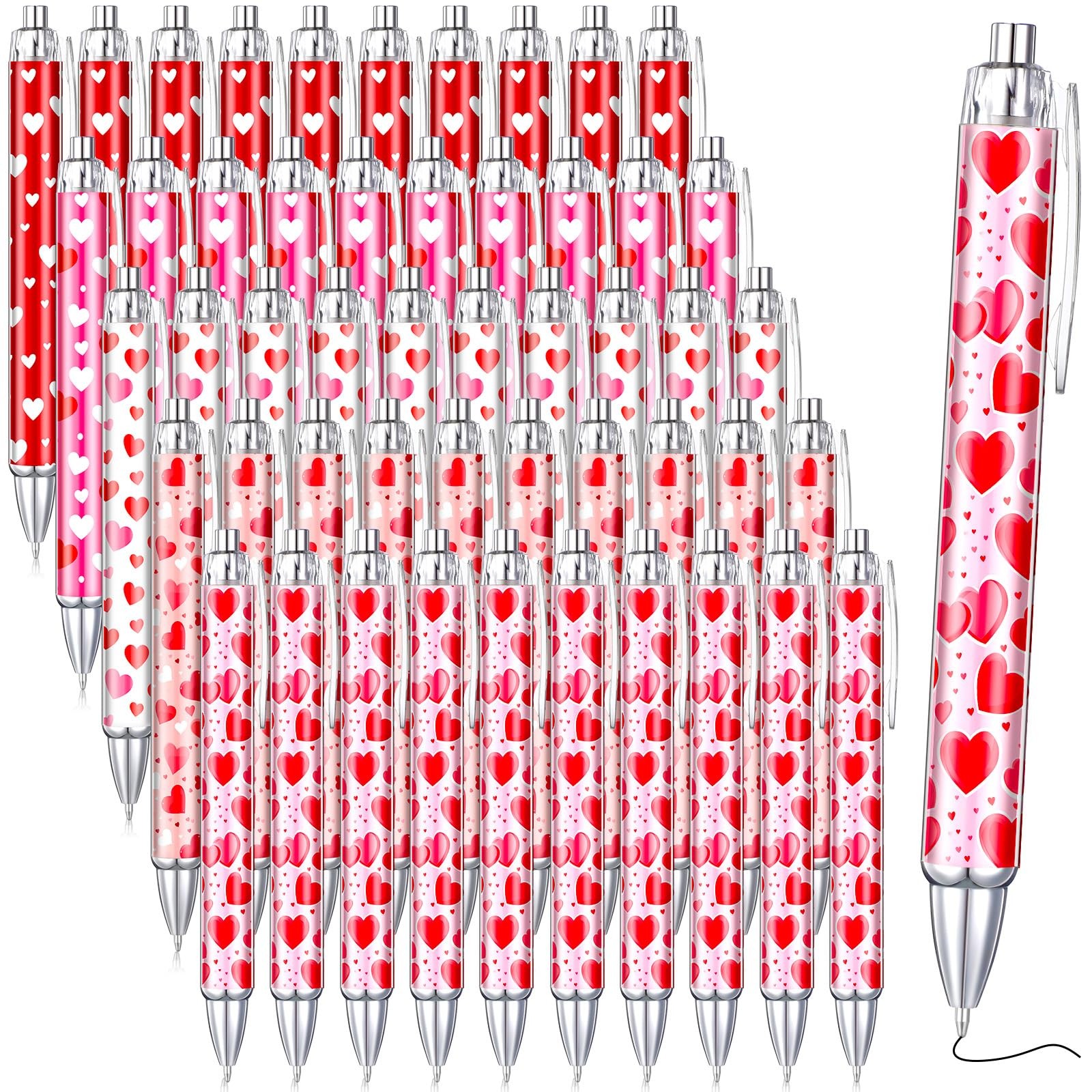 50 Pcs Valentine’s Day Pens Bulk Retractable Ballpoint Pens Black Ink Cute Heart