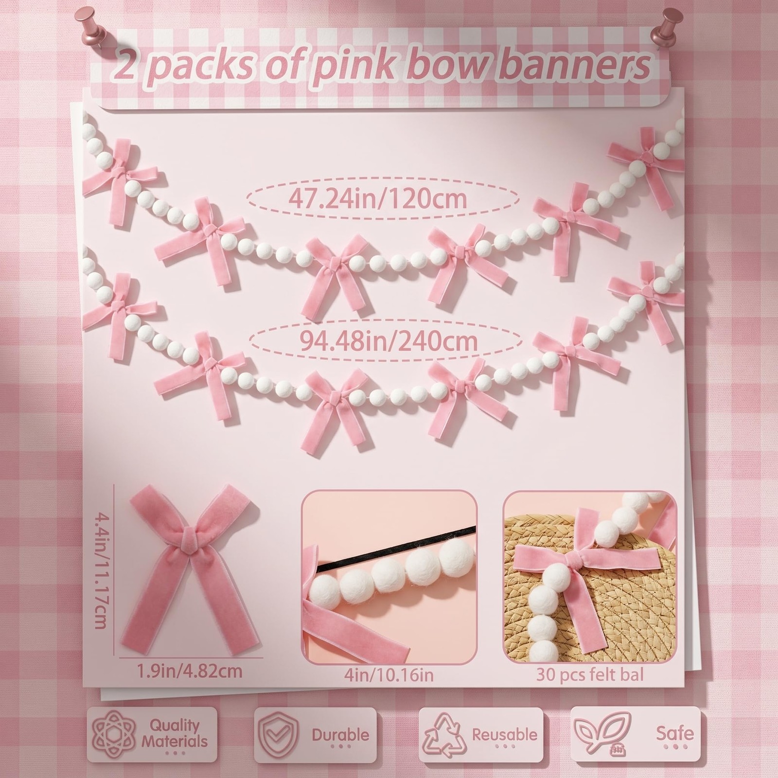 2Pcs Pink Bow Garland Felt Banner | Pink Bowknot Tie with White Pom Pom Balls…
