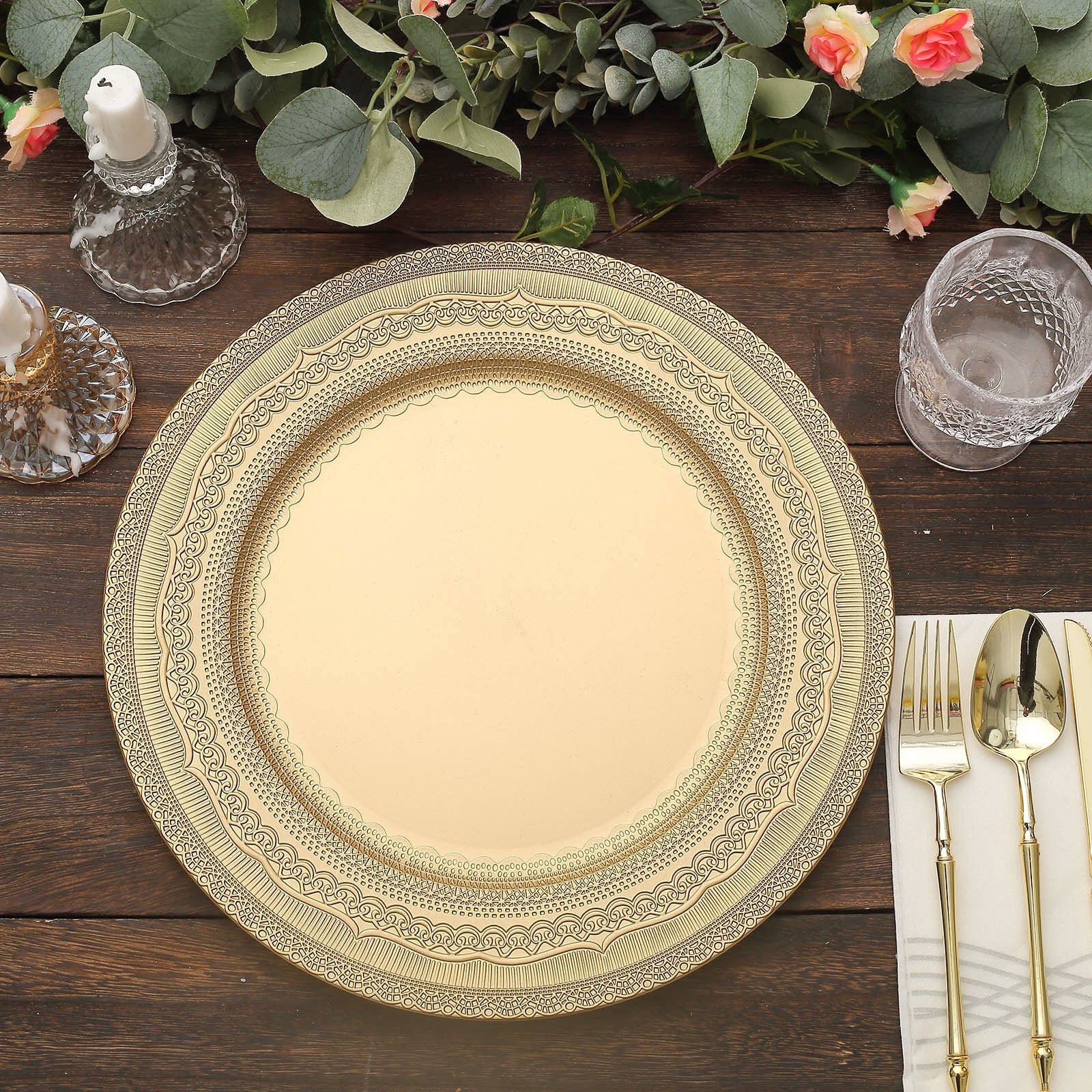 GOLD 6 Round 13″ Acrylic CHARGER PLATES Lace Embossed Rim Party Home Decorations