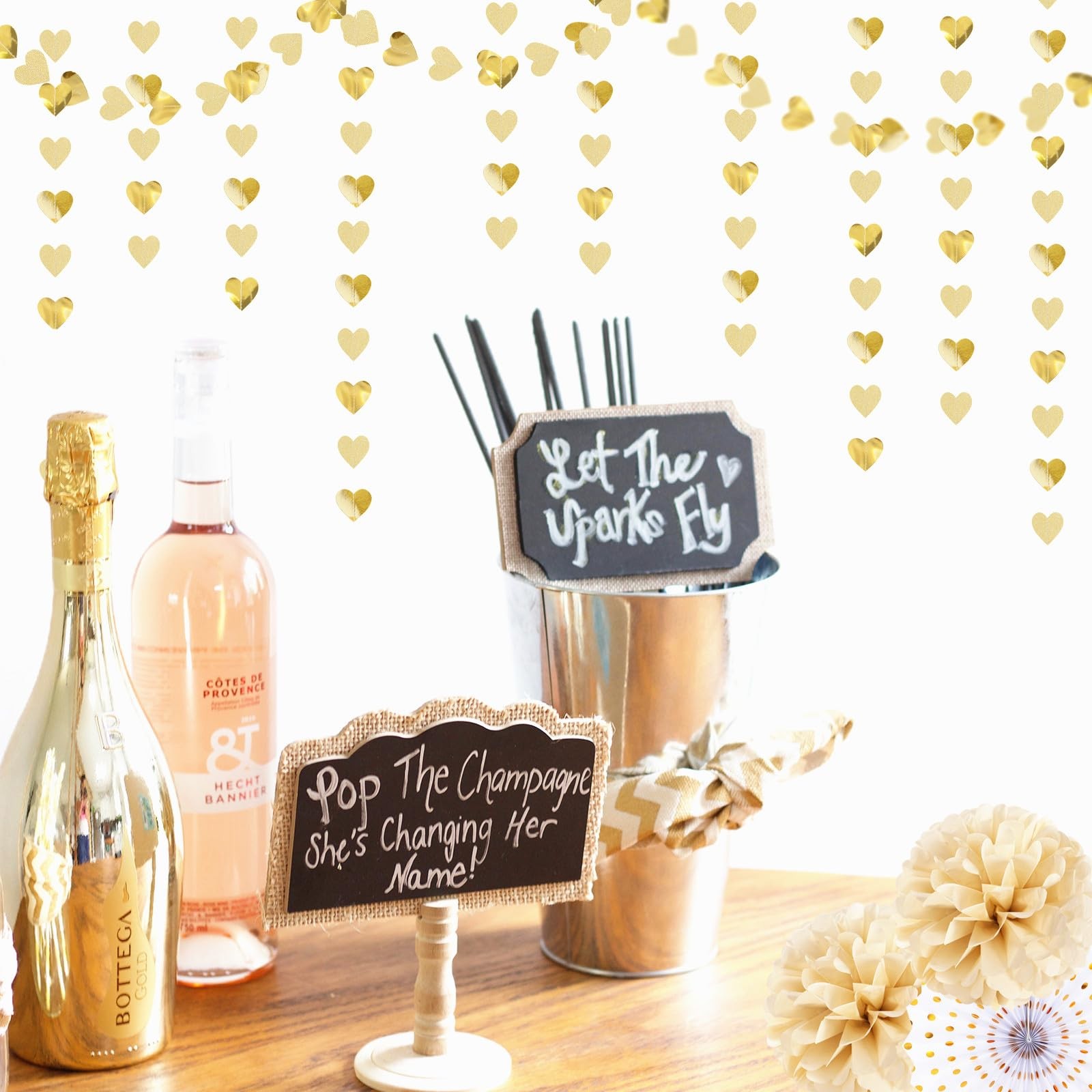 Glitter Champagne-Gold Engagement Party-Decorations Heart-Garland – 52ft Hang…