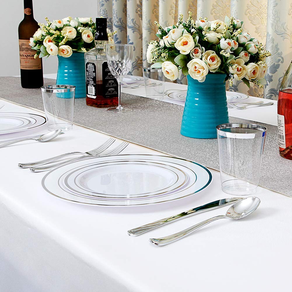 60pcs Silver Plastic Plates Disposable Plastic Party Plates With White Silver Ri