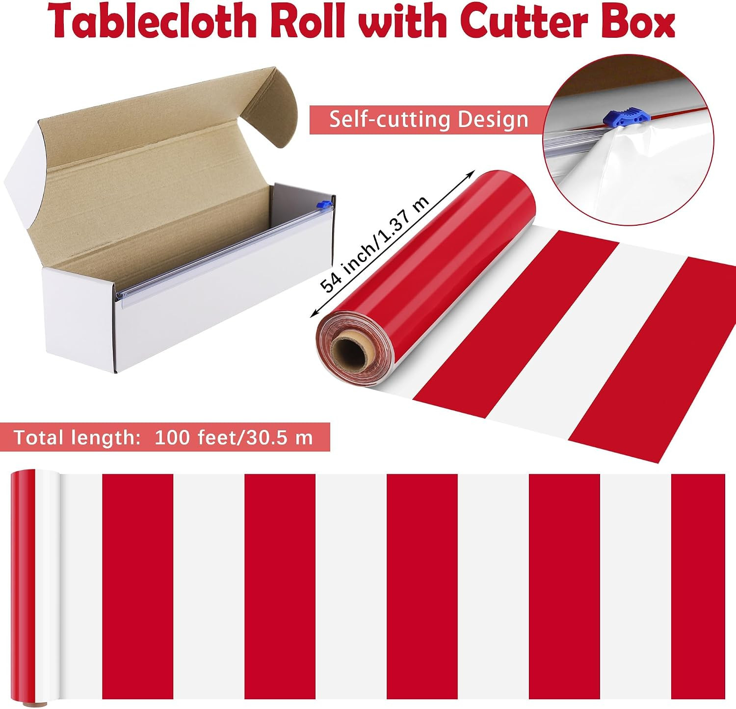 100 Ft X 54 Inch Red & White Striped Tablecloth Roll with Cutter Box Disposable