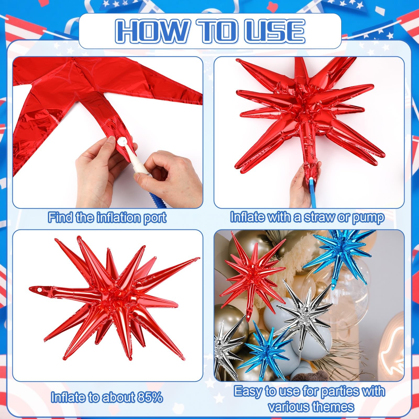 10 Pcs Red White Blue Star Balloons Explosion Starburst Foil Cone Balloons Ma…