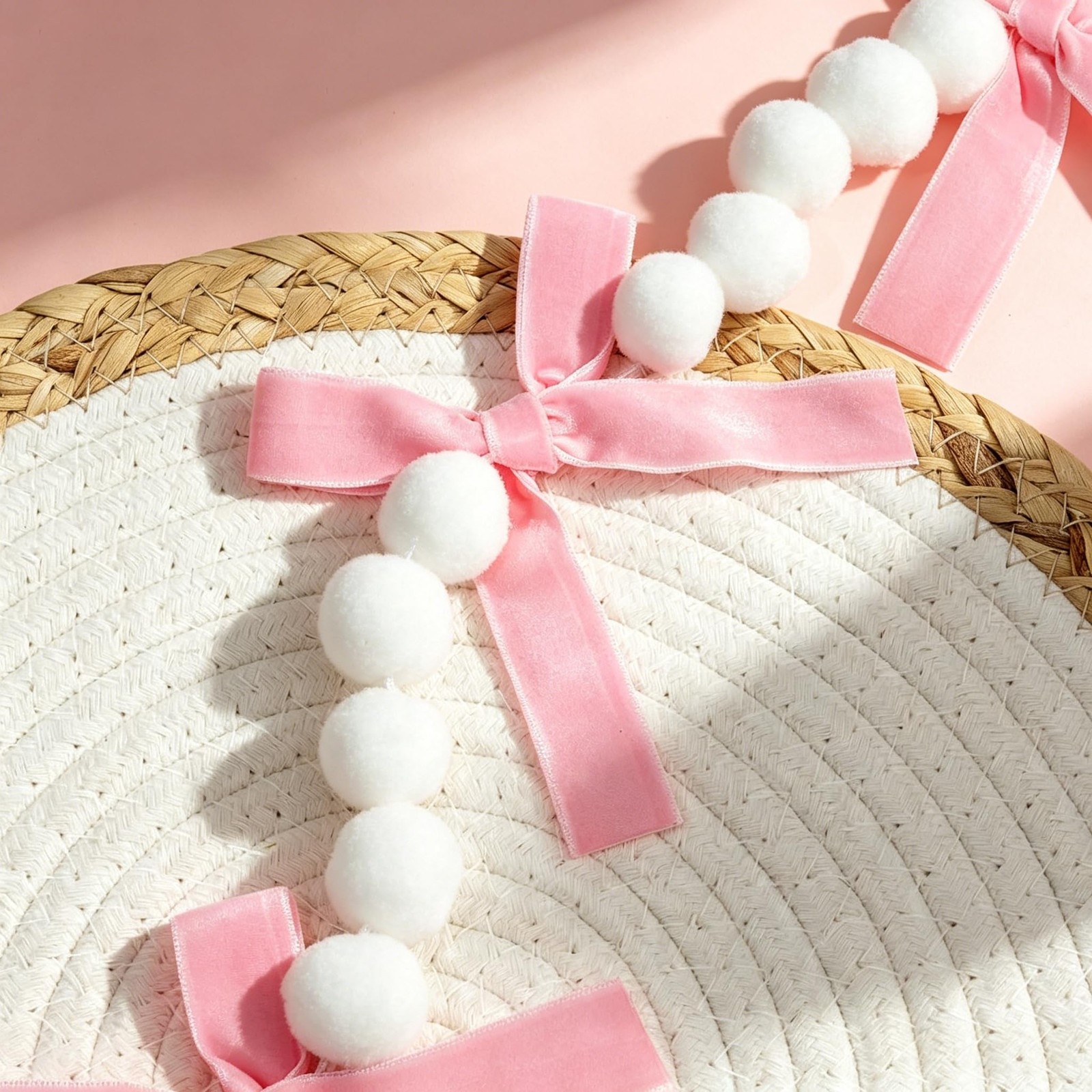 2Pcs Pink Bow Garland Felt Banner | Pink Bowknot Tie with White Pom Pom Balls…