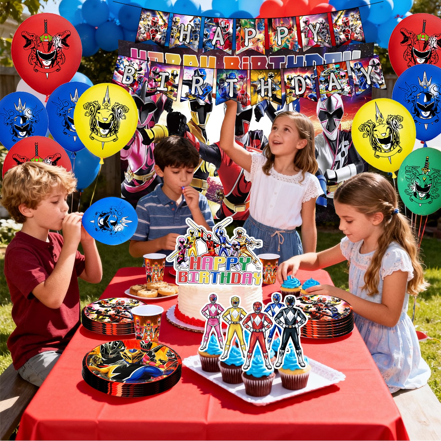 98 Pcs Power Rangers Decorations Tableware,Power Rangers Party Backdrop Banner