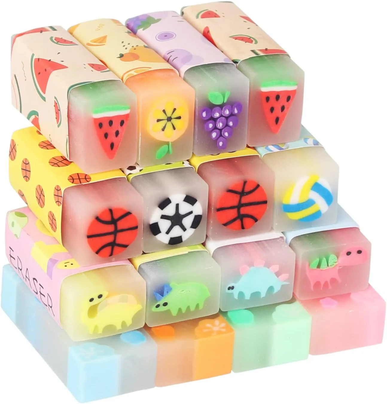 Cute Erasers for Kids Bulk 16 Pack Animal Food Fun Desk Pets Pencil Students Sch