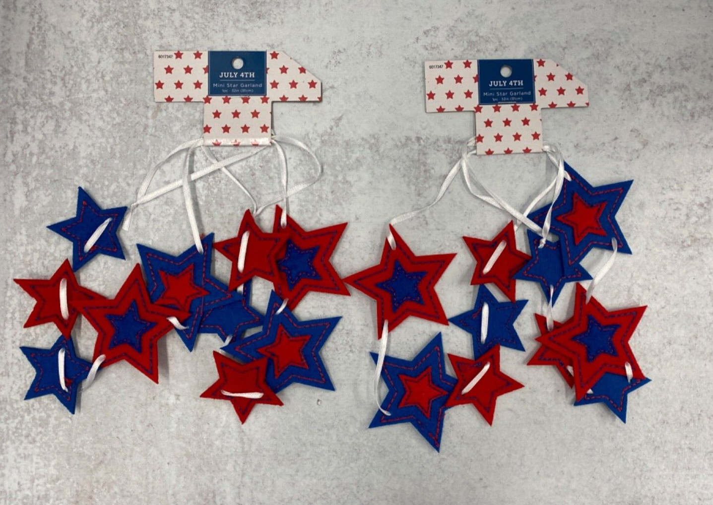 Lot of 2 Mini felt Banner Garland red + blue stars on white ribbon July4th decor