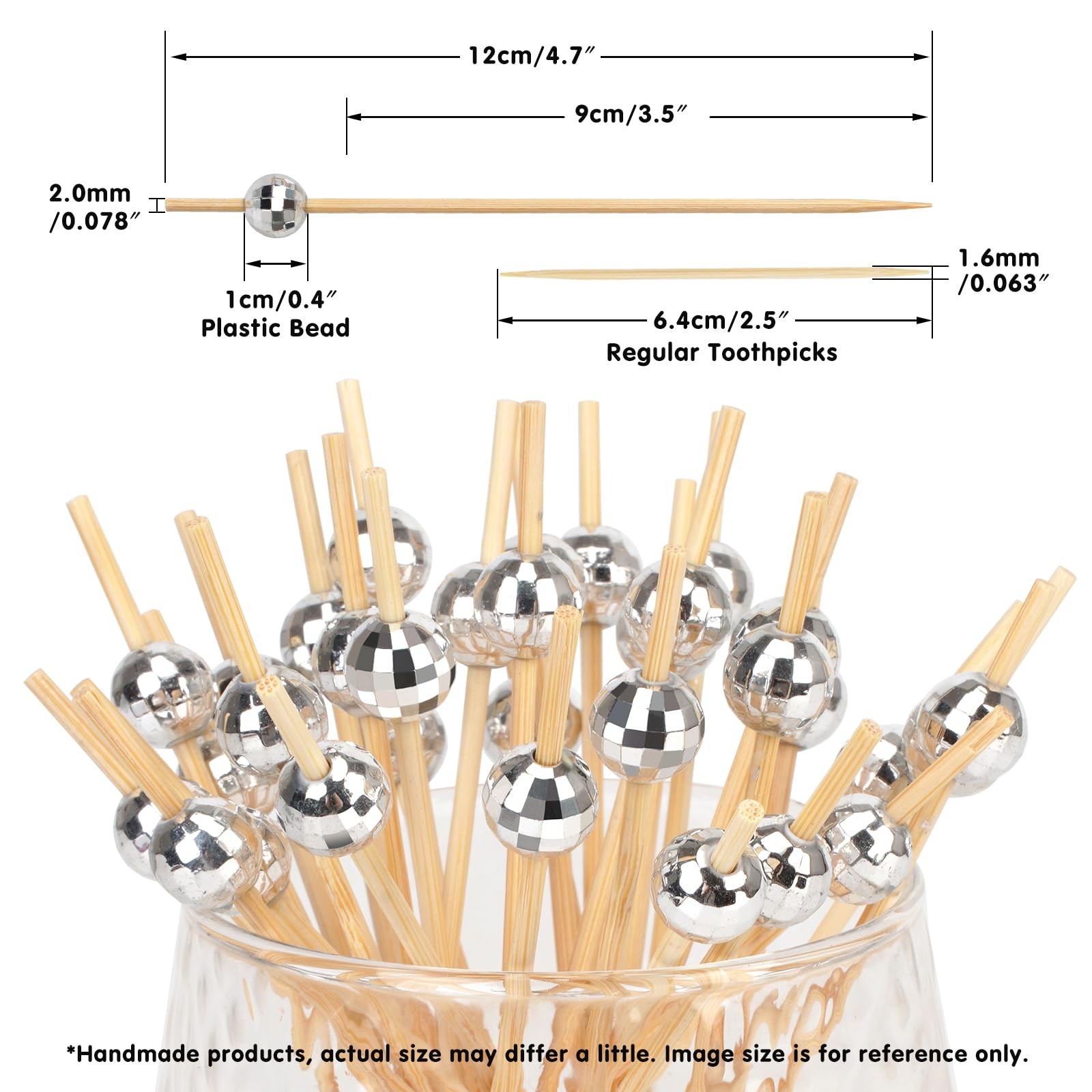Silver Disco Ball Cocktail Picks, 4.7 Inch Long Bamboo Fancy Toothpicks for A…