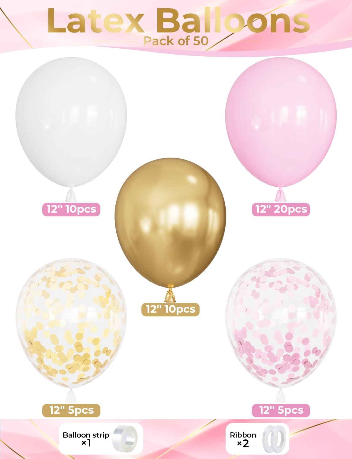 Pink and Gold Balloons Set – 12 Inch Light Pink White Balloons Shiny Metallic…